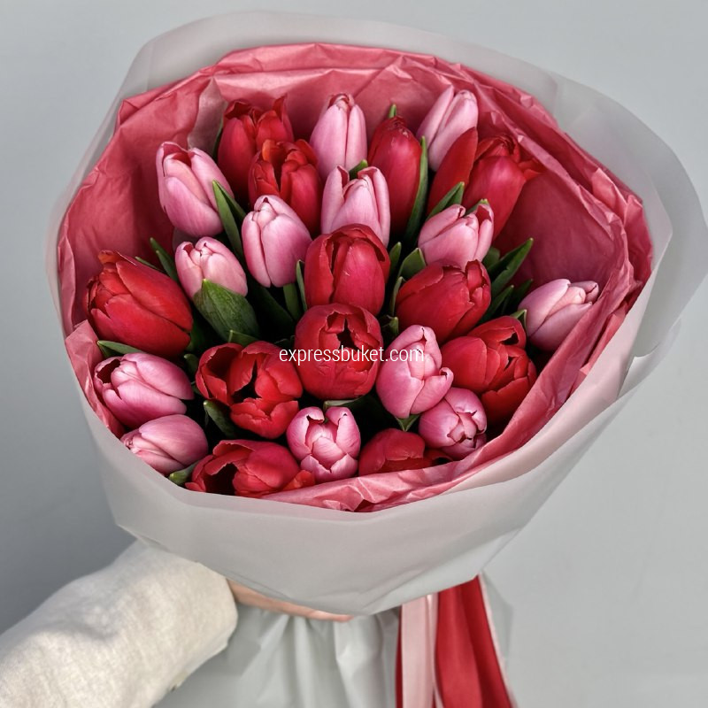 Микс розово-красных тюльпанов, 25 шт